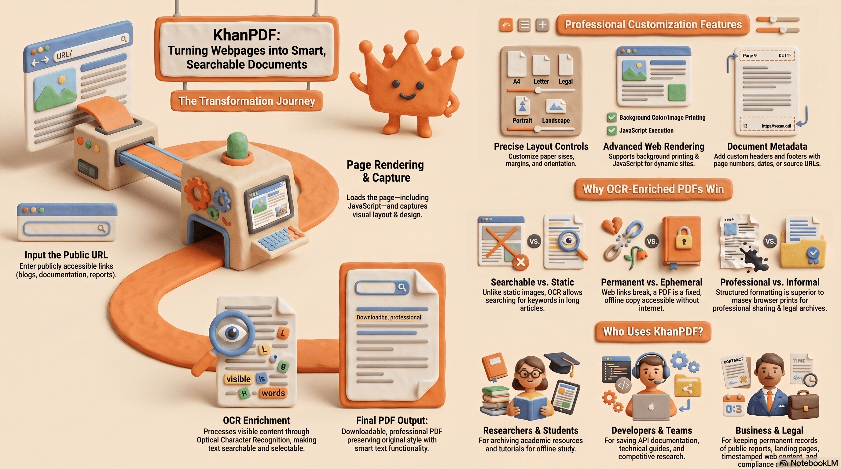 Enter a URL, capture the webpage, enrich it with OCR, and download a searchable PDF.