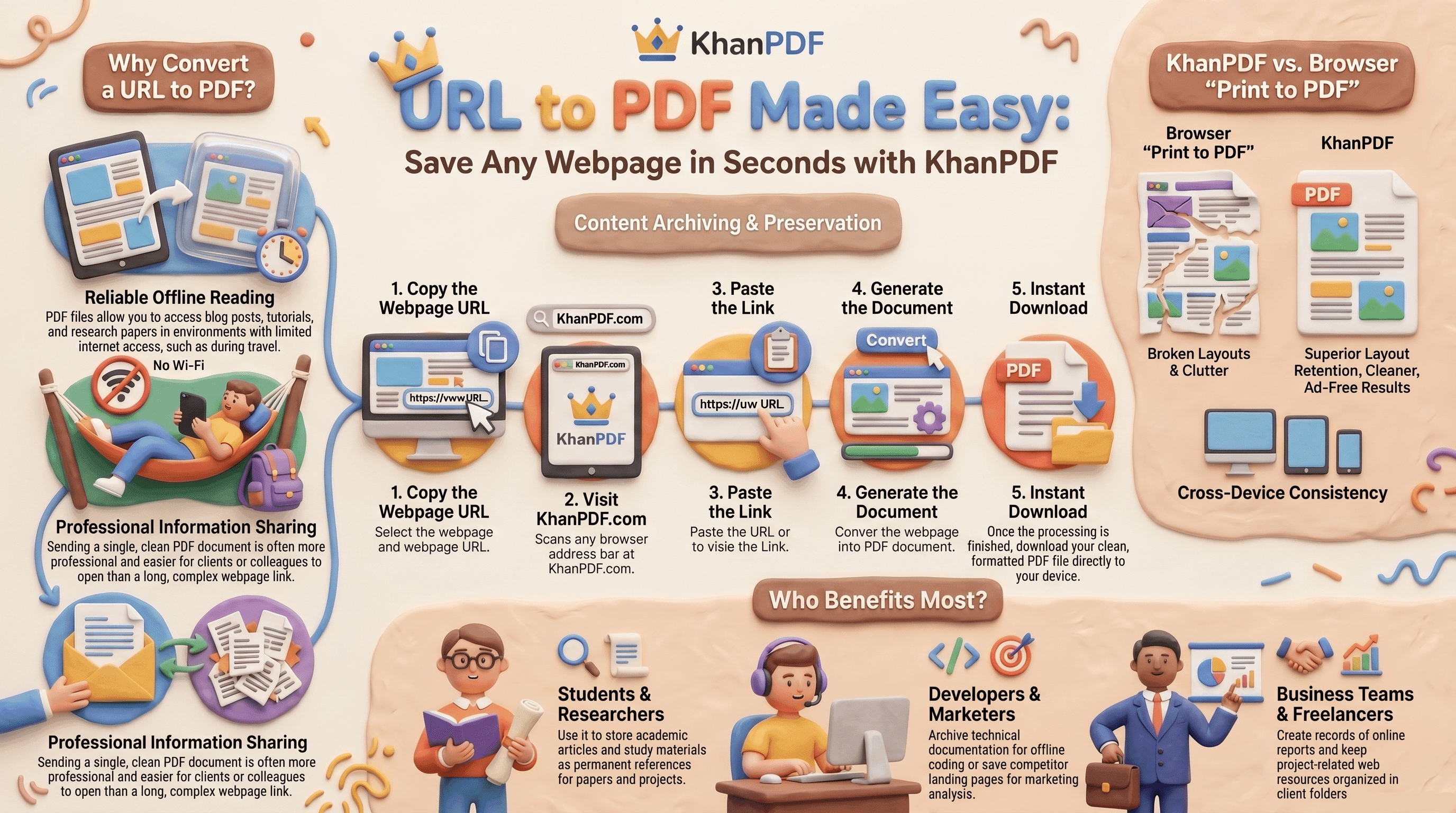 URL to PDF infographic illustrating the process of converting a webpage URL into a PDF file using KhanPDF. The workflow shows URL input, webpage rendering, PDF generation, and instant download.